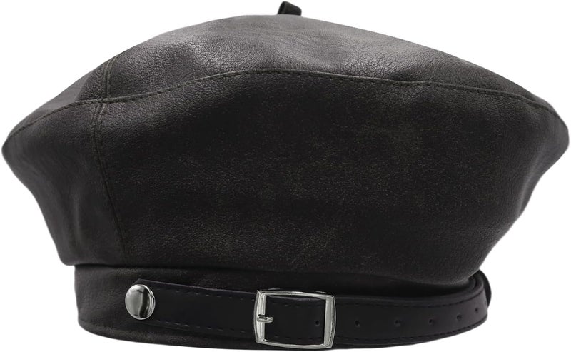 MINGSEECESS Women PU Leather French Black Beret Hat Causal Beanie Hat - Image 2